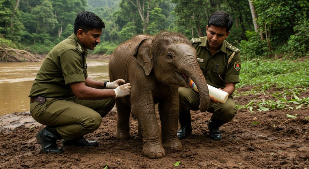 Baby Elephant Rescued From Floods, Reunion Efforts Unsuccessful; Forest Department Provides Special Care