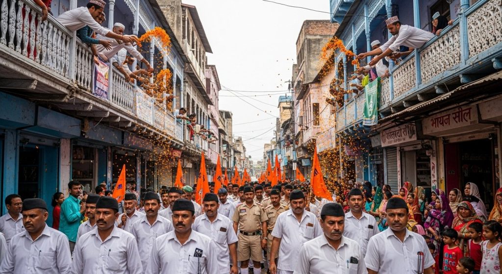 Gajraula Witnesses Incredible Brotherhood: Muslim Community Showers Flowers on RSS March, City Echoes with 'Jai Shri Ram' Slogans