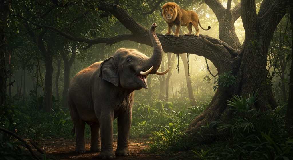 King of the Jungle Lion Flees Elephant's Rage, Climbs Tree to Save Life!