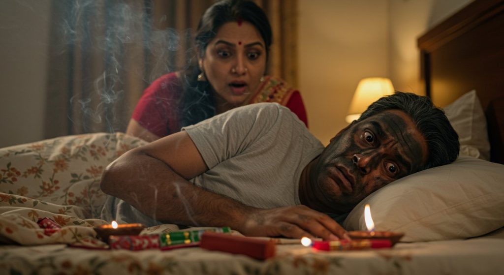 Diwali's Bizarre Prank: Wife Bursts Crackers Next to Sleeping Husband, His Face Blackens, And The Video Goes Viral!