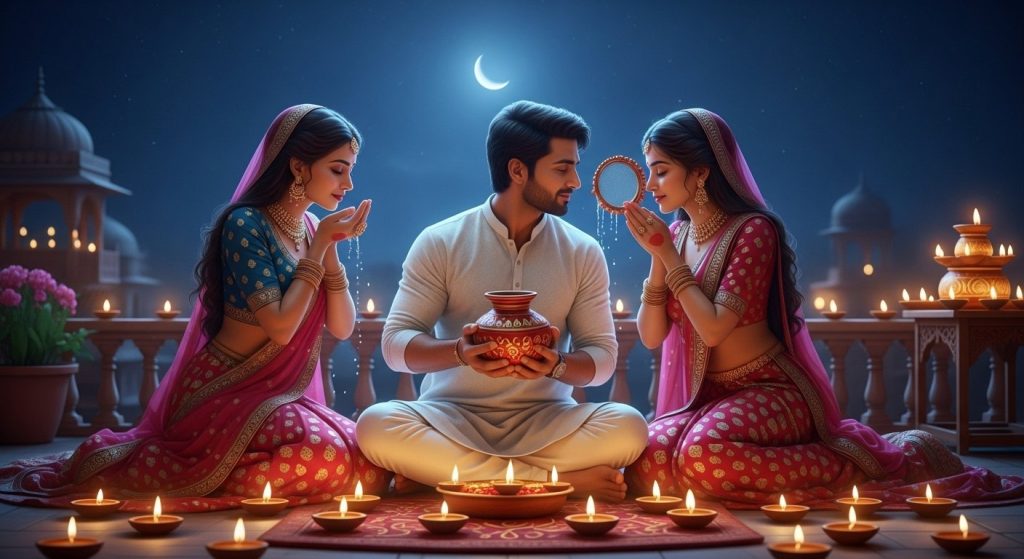 UP: Two wives observed Karwa Chauth fast for one husband, worshipped together, husband offered them water.