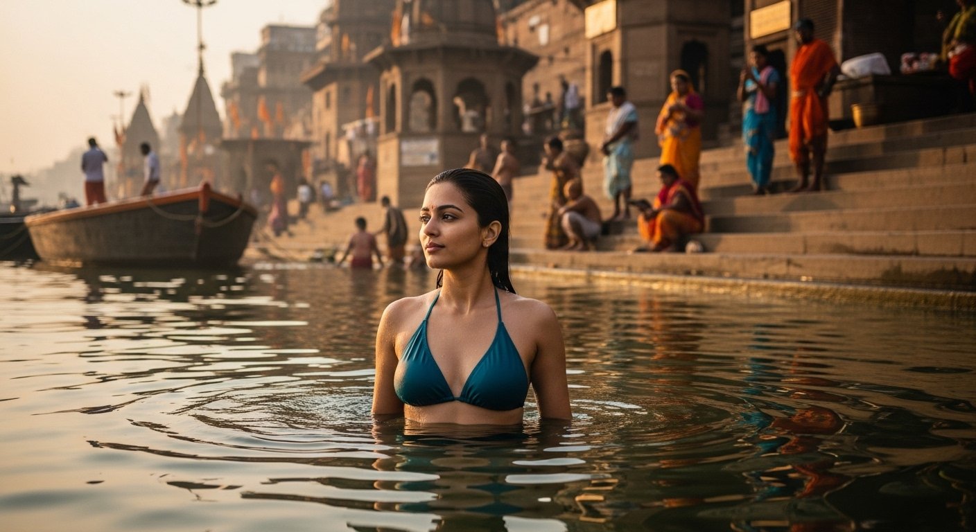 गंगा में बिकिनी में डुबकी लगाने वाली महिला पर विवाद, सोशल मीडिया पर छिड़ी ‘आदमी कच्छा’ बहस
