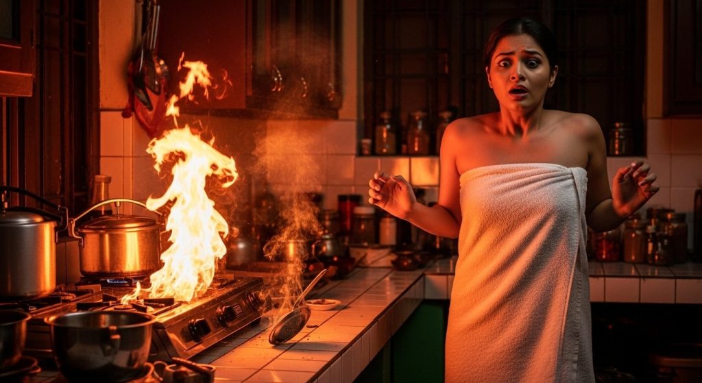 Towel-clad woman enters kitchen; horrifying accident leaves people trembling!