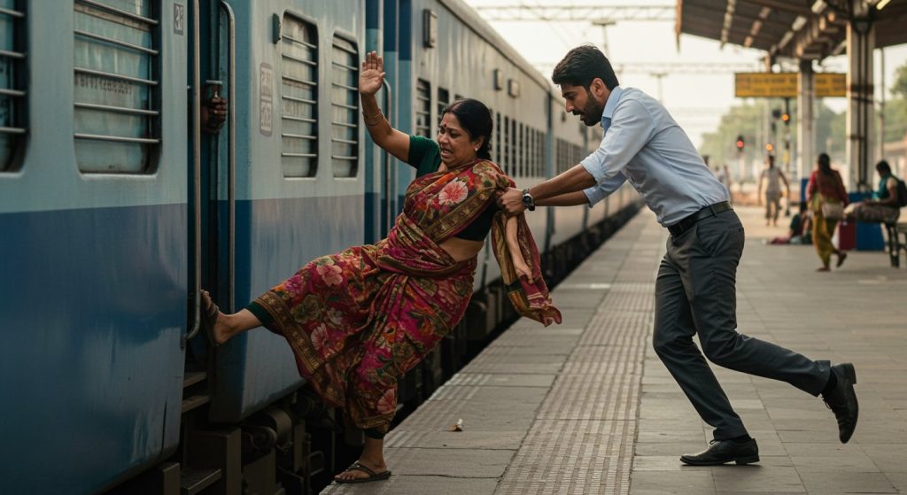 Woman Loses Balance While Getting Off Moving Train; 'Angel in Shirt-Pants' Youth Comes To Rescue, Watch Viral Video