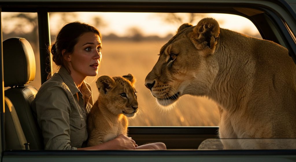 A lioness placed her cub in the lap of a woman sitting in a car; what happened next stunned the world!