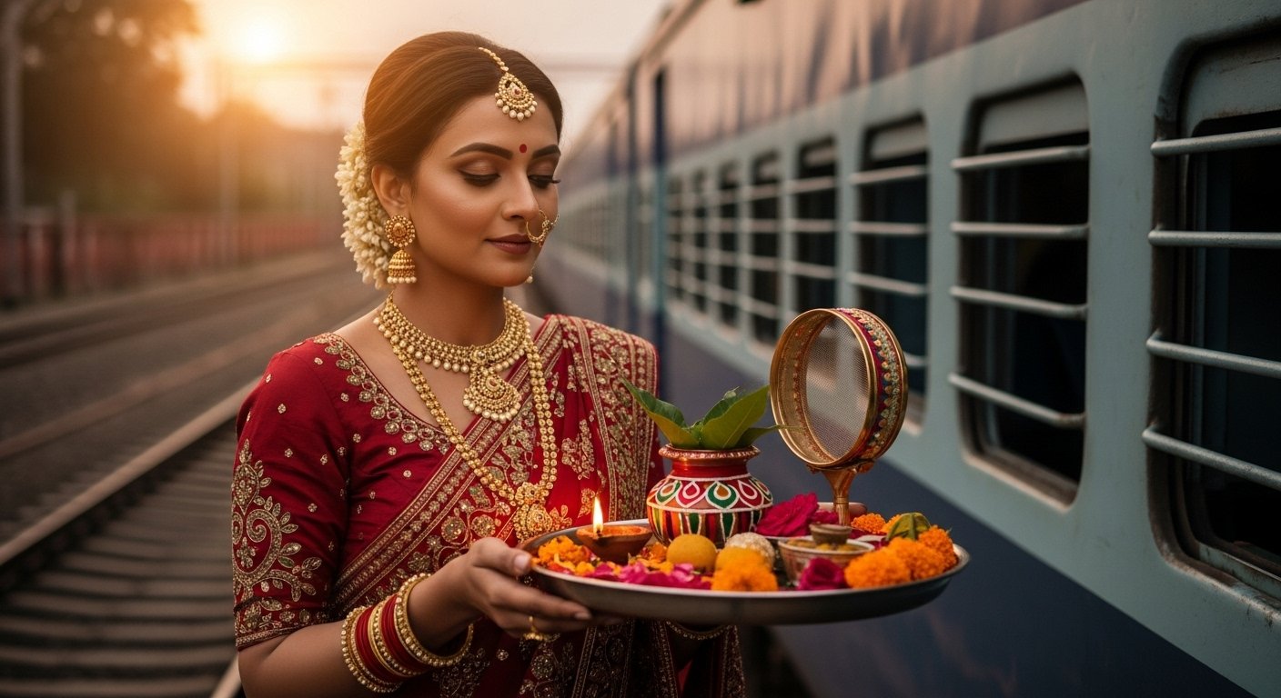 करवाचौथ पर ट्रेन के पास सजी-धजी महिला, पति के लिए दिखा भक्ति और प्रेम का अद्भुत नज़ारा
