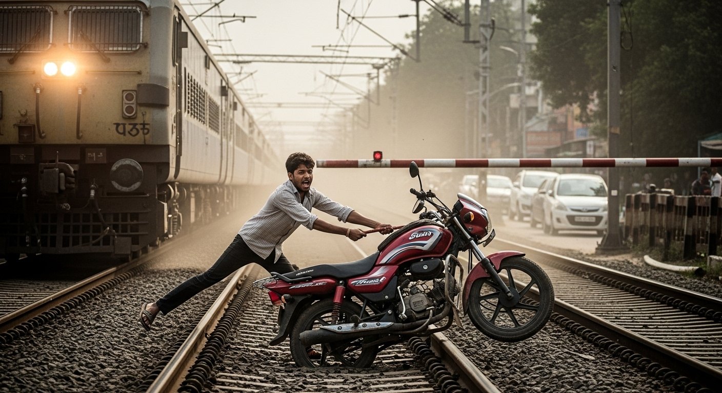 नोएडा में बाइक बचाने में ट्रेन से कटा युवक, VIDEO:फाटक बंद होने के बाद भी घुसा, बाइक स्लिप हुई; 22 नवंबर को शादी थी