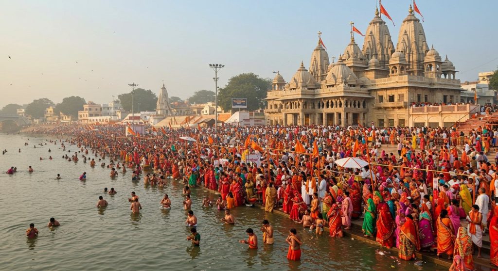 A Flood of Faith in Ayodhya: Devotees Take Holy Dip in Saryu on Kartik Purnima, Long Queues of Devotees at Ram Temple