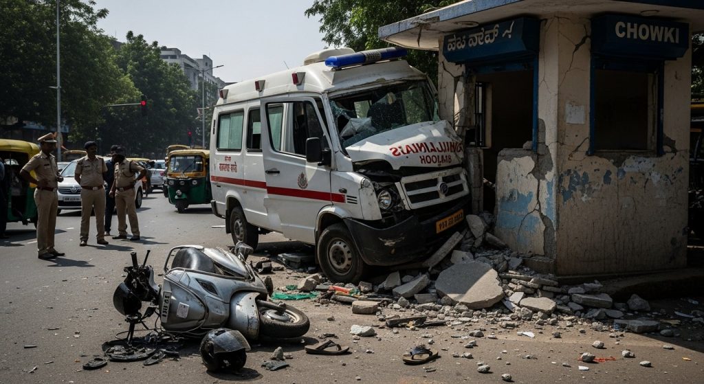 Speeding Havoc in Bengaluru: Out-of-Control Ambulance Drags Couple, Both Tragically Die After Crashing into Police Post.