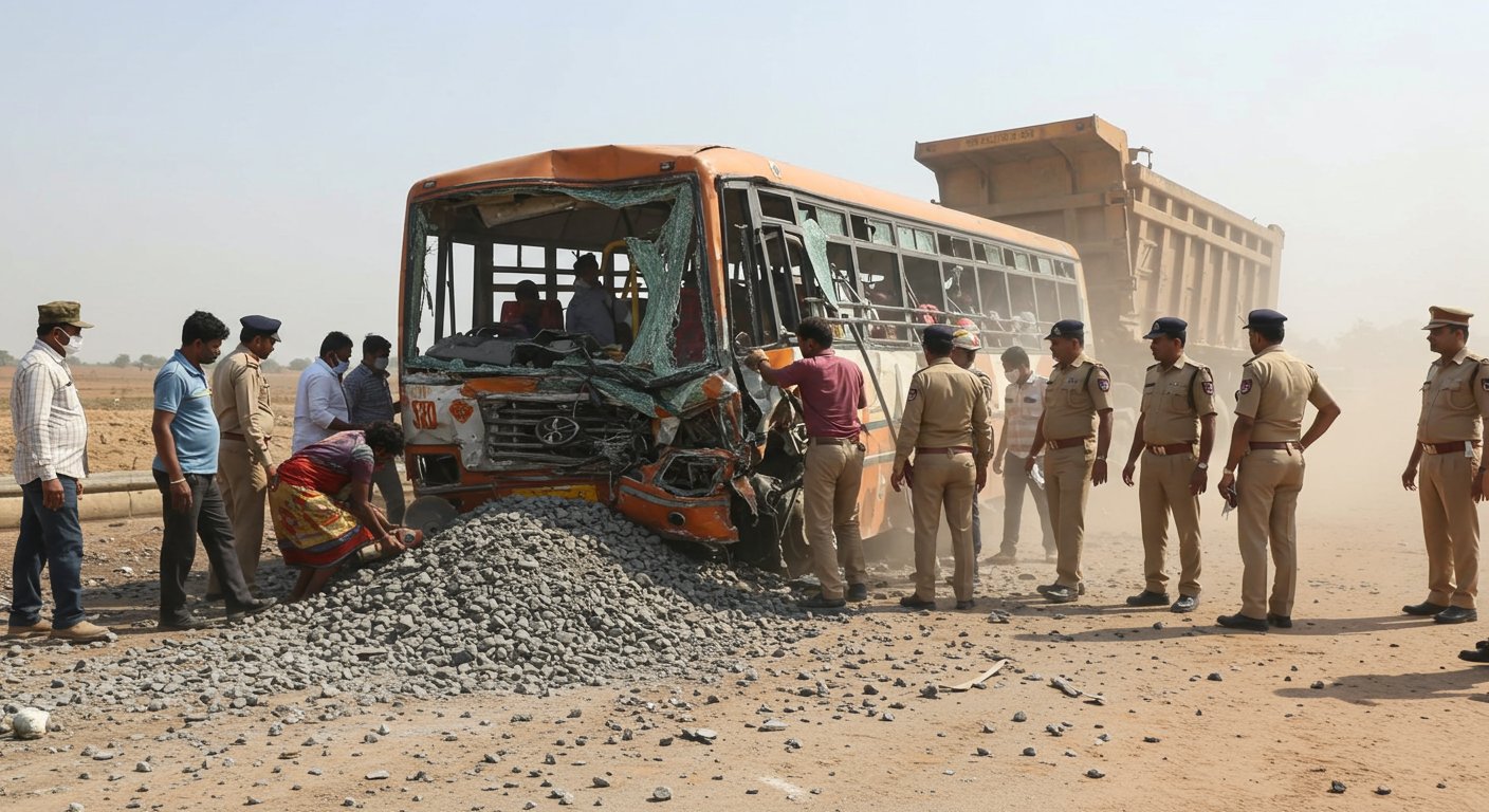 तेलंगाना के रंगारेड्डी में बस-डंपर की टक्कर, 19 की मौत:20 घायल; लोग गिट्टी के नीचे दबे, शवों को निकालने के लिए बस काटनी पड़ी