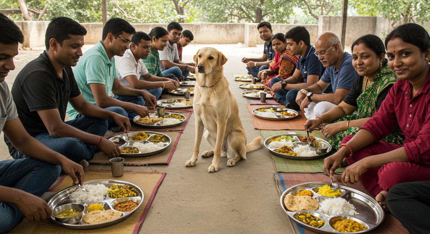 भोज में इंसानों की तरह प्लेट लगाकर खाने बैठा कुत्ता, वीडियो देख लोग बोले- ‘वाह! कितना संस्कारी है!’