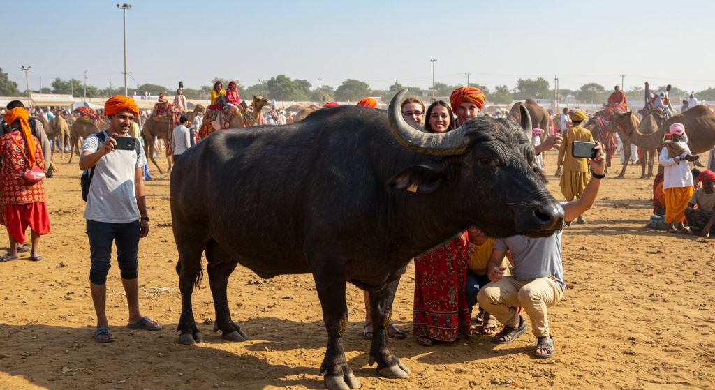 21 Crore 'Kuber' at Pushkar Fair: Fatehabad's Murrah Buffalo Bull Becomes State's Most Expensive Animal, Foreigners Taking Selfies