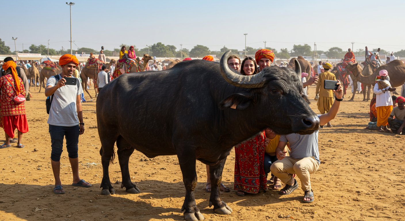 पुष्कर मेले में 21 करोड़ का ‘कुबेर’: फतेहाबाद का मुर्रा झोटा बना प्रदेश का सबसे महंगा पशु, विदेशी ले रहे सेल्फी