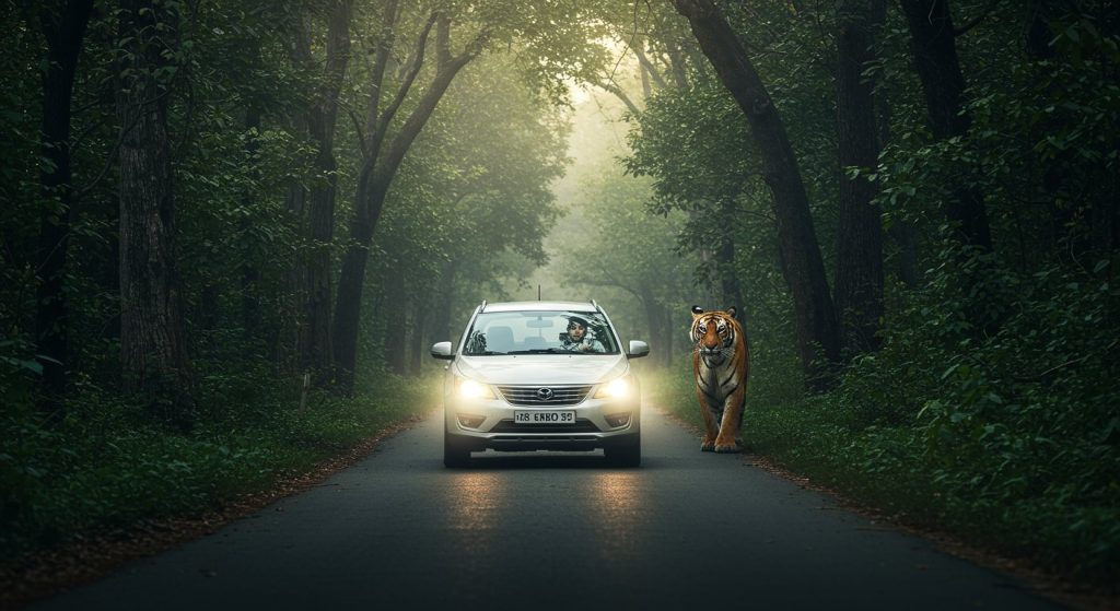 Tiger suddenly appears on a deserted road, car driver shows presence of mind, what happened next will amaze you!