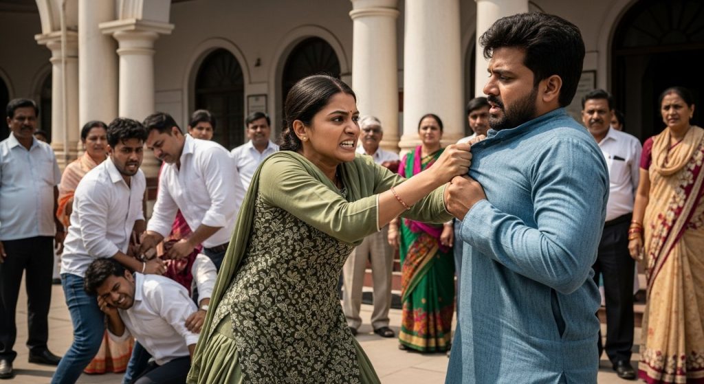 UP: Married Woman Arrives for Court Marriage, Enraged Seeing Lover Beaten, Grabs Husband by Collar and Shoves Him, Causing Major Ruckus.