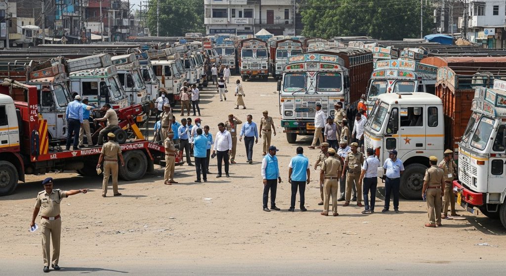 Major crackdown on illegal parking operating under Municipal Corporation's name in Moradabad; 56 vehicles seized, heavy extortion from trucks!