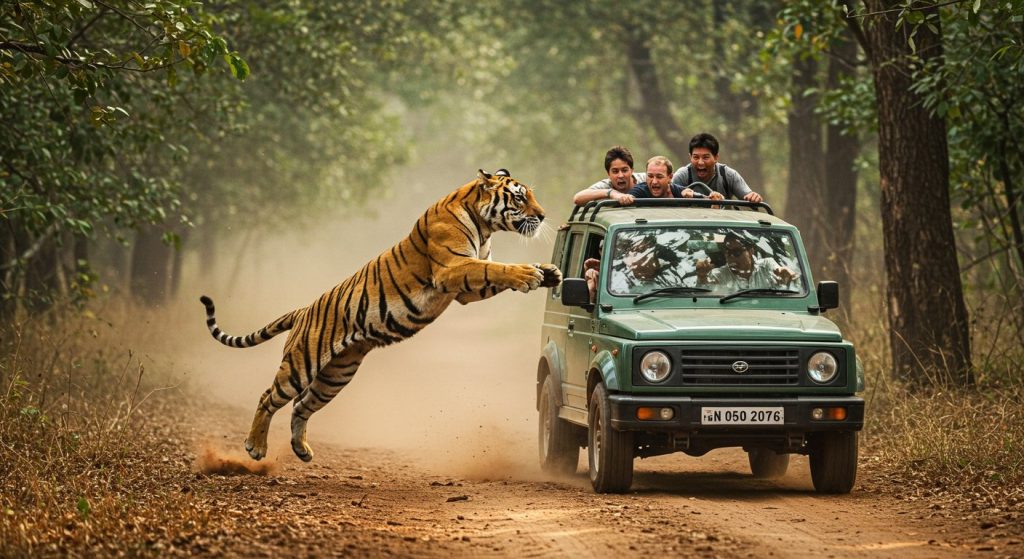 Pilibhit Tiger Reserve: Tiger Pounces on Safari Vehicle, Tourists Terrified, Horrifying Video Goes Viral